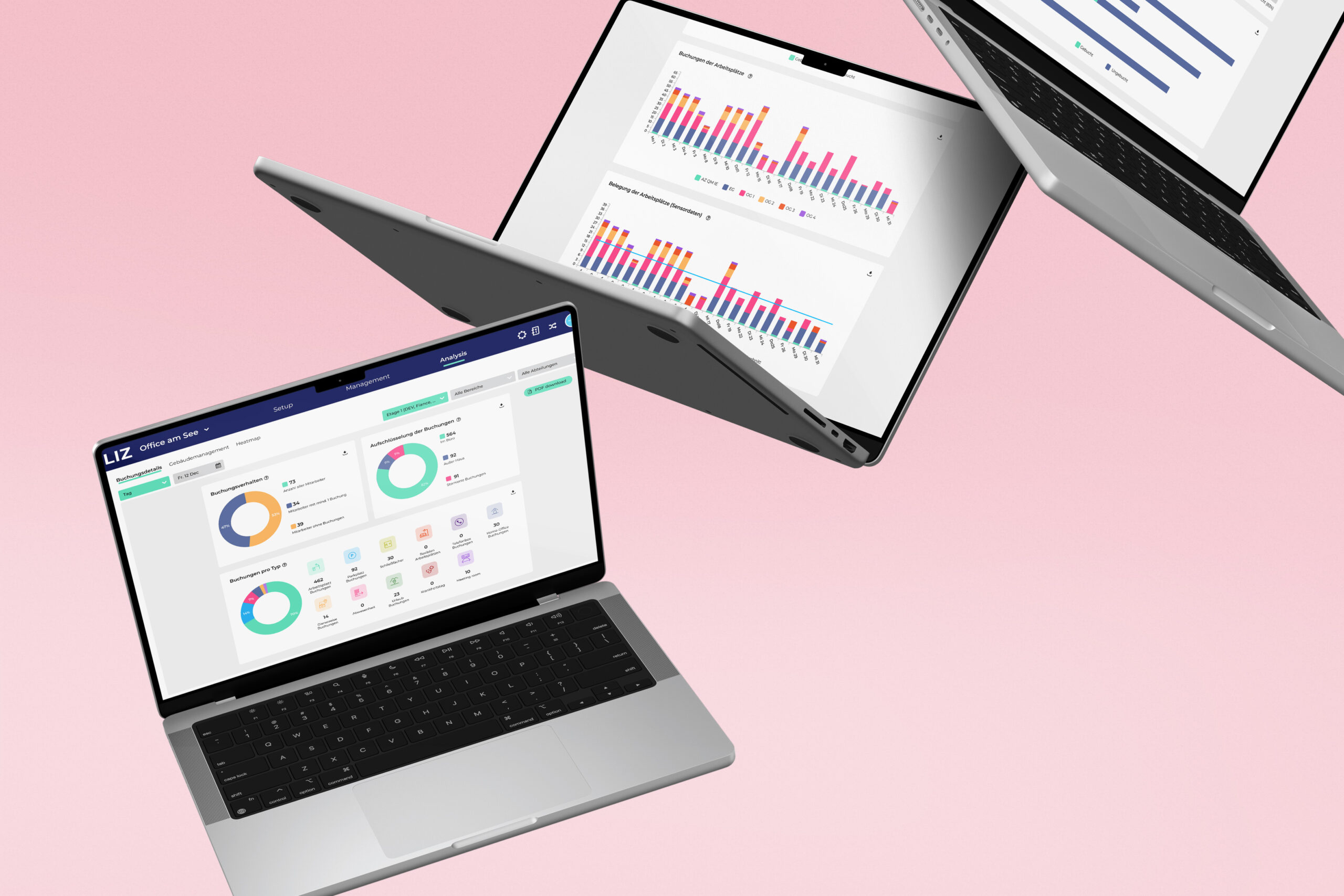 Workplace Analytics Software von LIZ Smart Office auf verschiedenen Geräten mit Dashboard für Büroauslastung, Arbeitsplatzbuchung und Hybrid Work Analytics.
