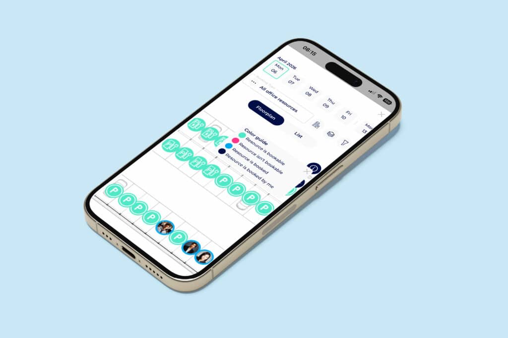 Digitale Parkplatzbuchung in der LIZ Smart Office App auf einem Smartphone mit Übersicht zu verfügbaren Stellplätzen und einfacher Buchungsfunktion für hybride Arbeitsplätze.