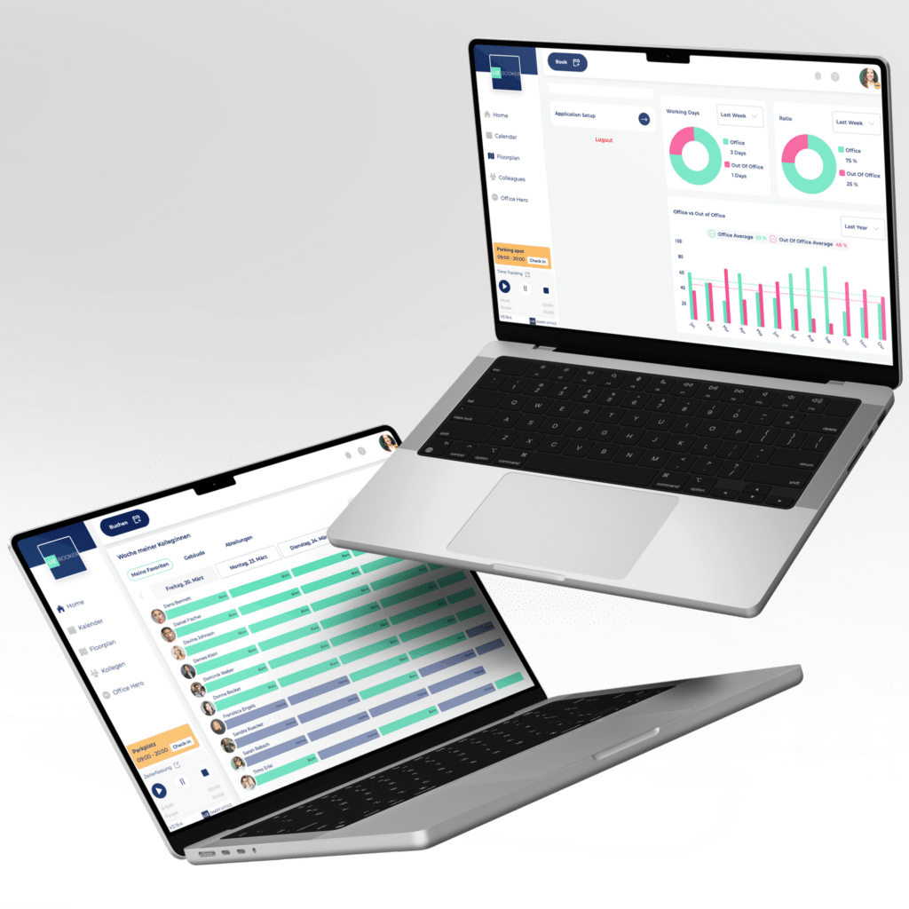Zwei Notebooks mit Screenshots von der LIZ Smart Office App: Kollegenübersicht und Datenauswertung