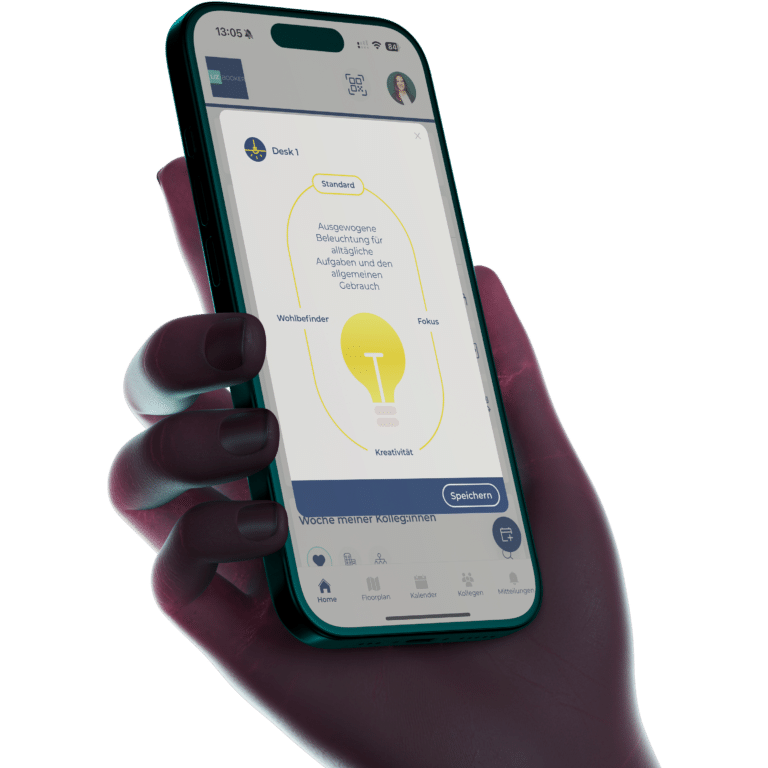 LIZ Smart Office Mobile App für Arbeitsplatzbuchung, Desk Sharing, Meetingraumverwaltung und flexible Arbeitsplatzorganisation im modernen Büro.