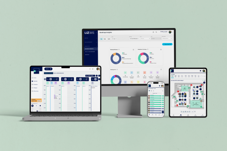 Workplace Analytics Software von LIZ Smart Office auf verschiedenen Geräten mit Dashboard für Büroauslastung, Arbeitsplatzbuchung und Hybrid Work Analytics.