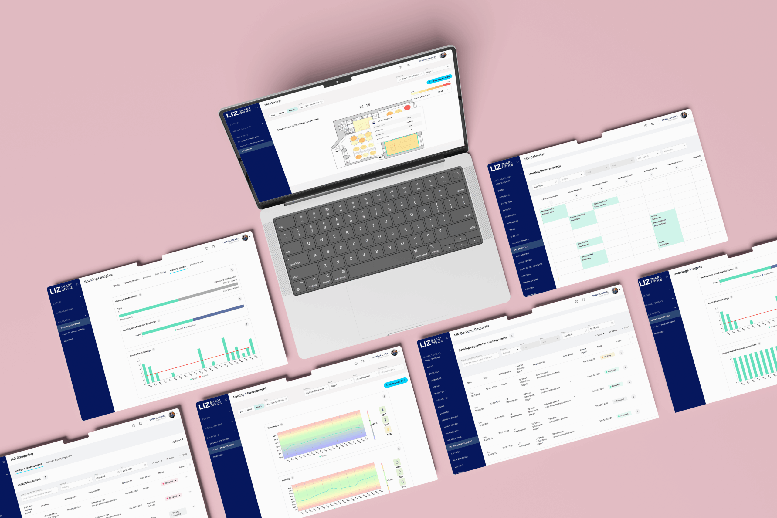Notebook on pink background. Several screens with LIZ Workspace manager are next to each other showing different functions